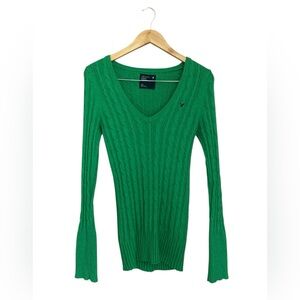 American Eagle Kelly Green Cable Knit Wool Blend Y2K Sweater V-neckline Size L